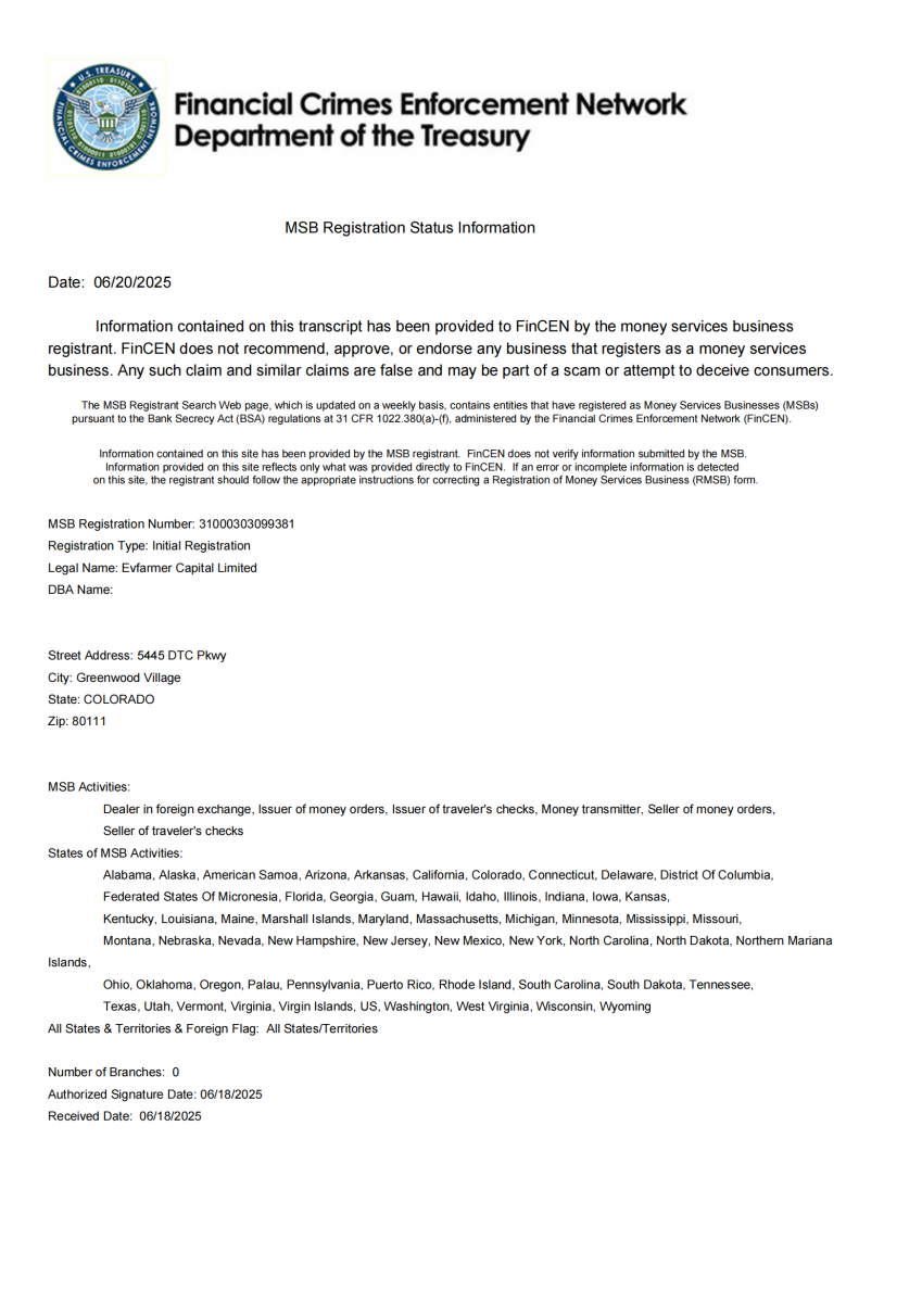 Evfarmer Announces Approval of MSB License by the U.S. Financial Crimes Enforcement Network (FinCEN)